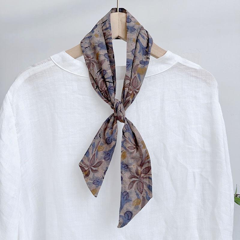 Spring Summer Floral Print Cotton Skinny Scarf Women Soft Neckerchief Hairband Lady Headband Bagscarf Female Neck Ties