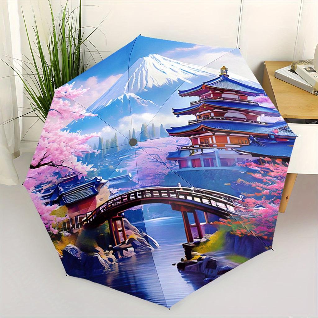 Automatic Folding Umbrella Japanese Landscape with Cherry Blossoms and Mount Fuji. Portable Collapsible Design, Casual Outdoor