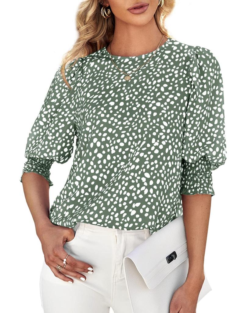 Women's Chiffon Blouse Crew Neck Tops Half Sleeve Pullover T-Shirt Floral Print Tunic Blouse Shirts
