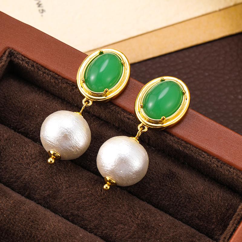 

French Baroque Natural Green Agate Cotton Bead Earrings