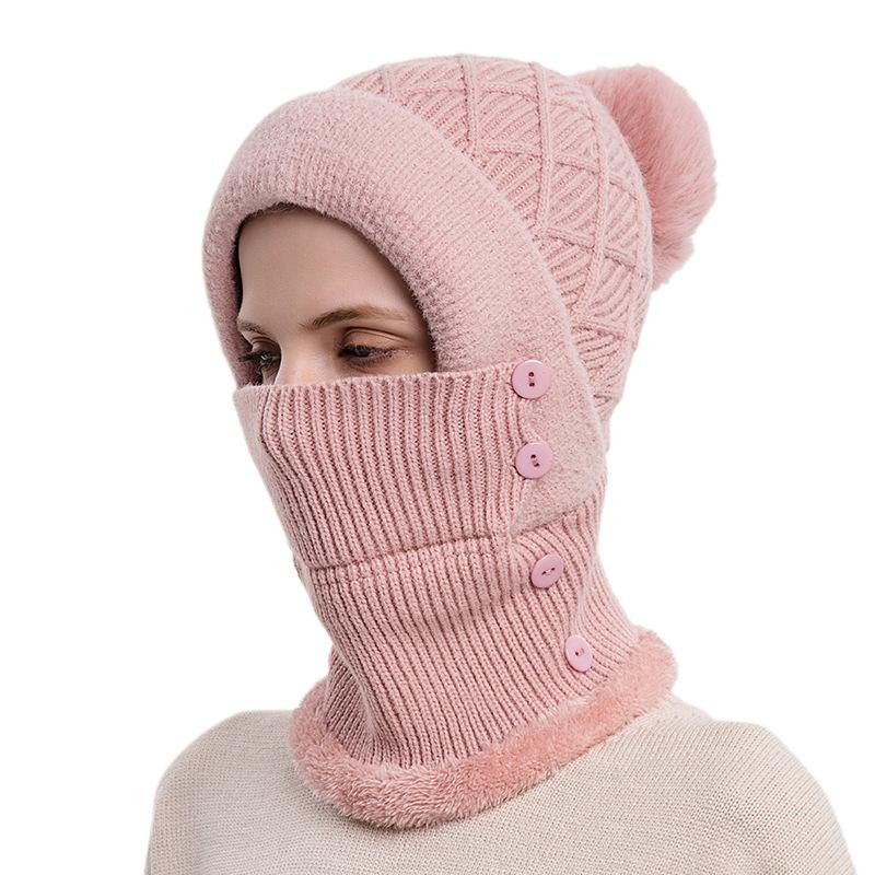 Hat and scarf integrated women's autumn and winter warm knitted hat cycling fleece pullover hat windproof ear protection wool hat
