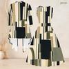 Women Plus Size Geometric Printed Two Piece Set Sleeveless Tie Waist Flared Dress 3 4 Sleeve Open Cardigan