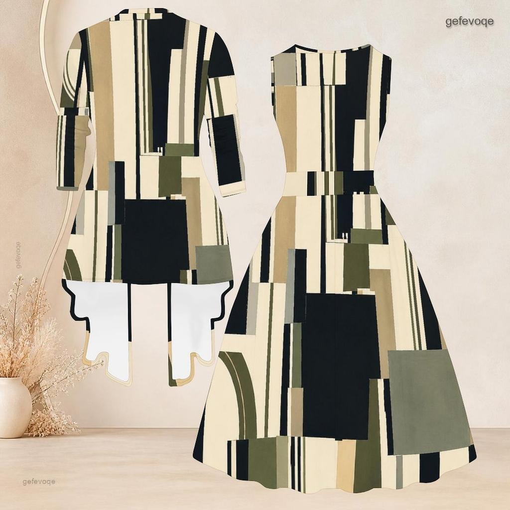 Women Plus Size Geometric Printed Two Piece Set Sleeveless Tie Waist Flared Dress 3 4 Sleeve Open Cardigan
