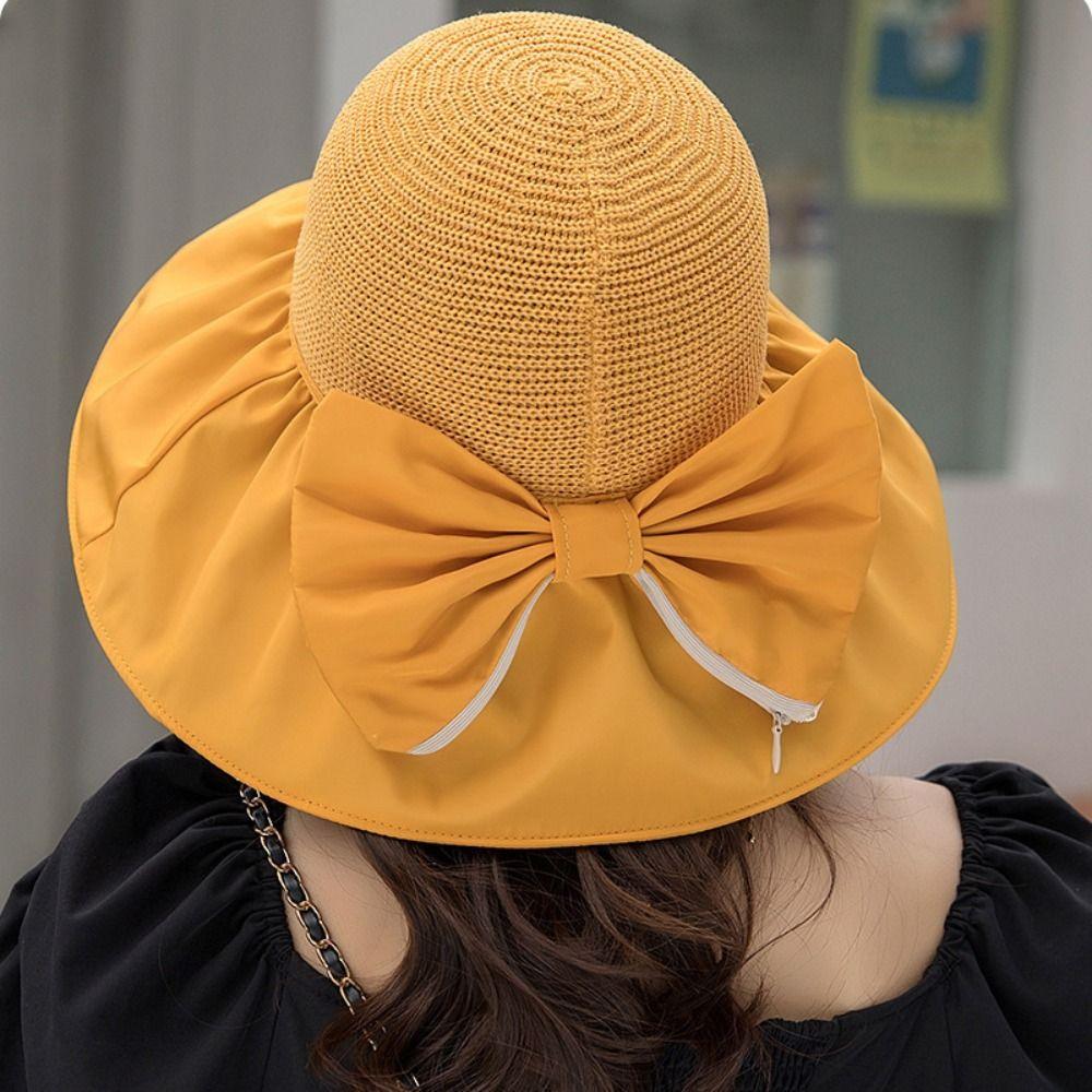 Solid Color Outdoor Travel Summer UV Protection Bowknot Sun Hat Women Cap Bucket Hat Fisherman Hat