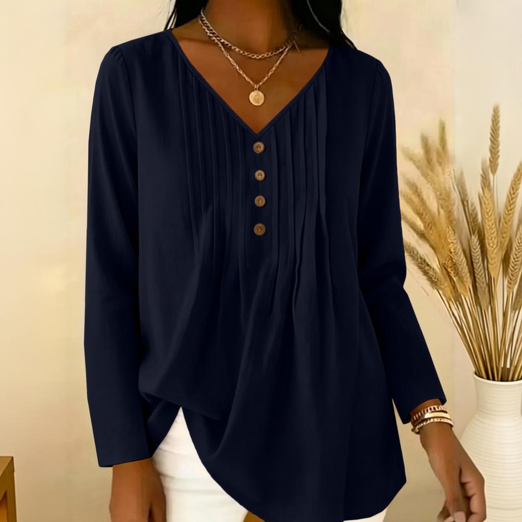 Women's Pleated V Neck Long Sleeve Blouse Button Detail Casual Lightweight Top for Work or Everyday Wear