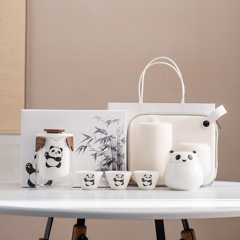 Panda Speckstein Jade Porzellan Reise-Teeset Outdoor Tragbar Sichuan Sehenswürdigkeit Geschäfts-Erinnerungsgeschenk