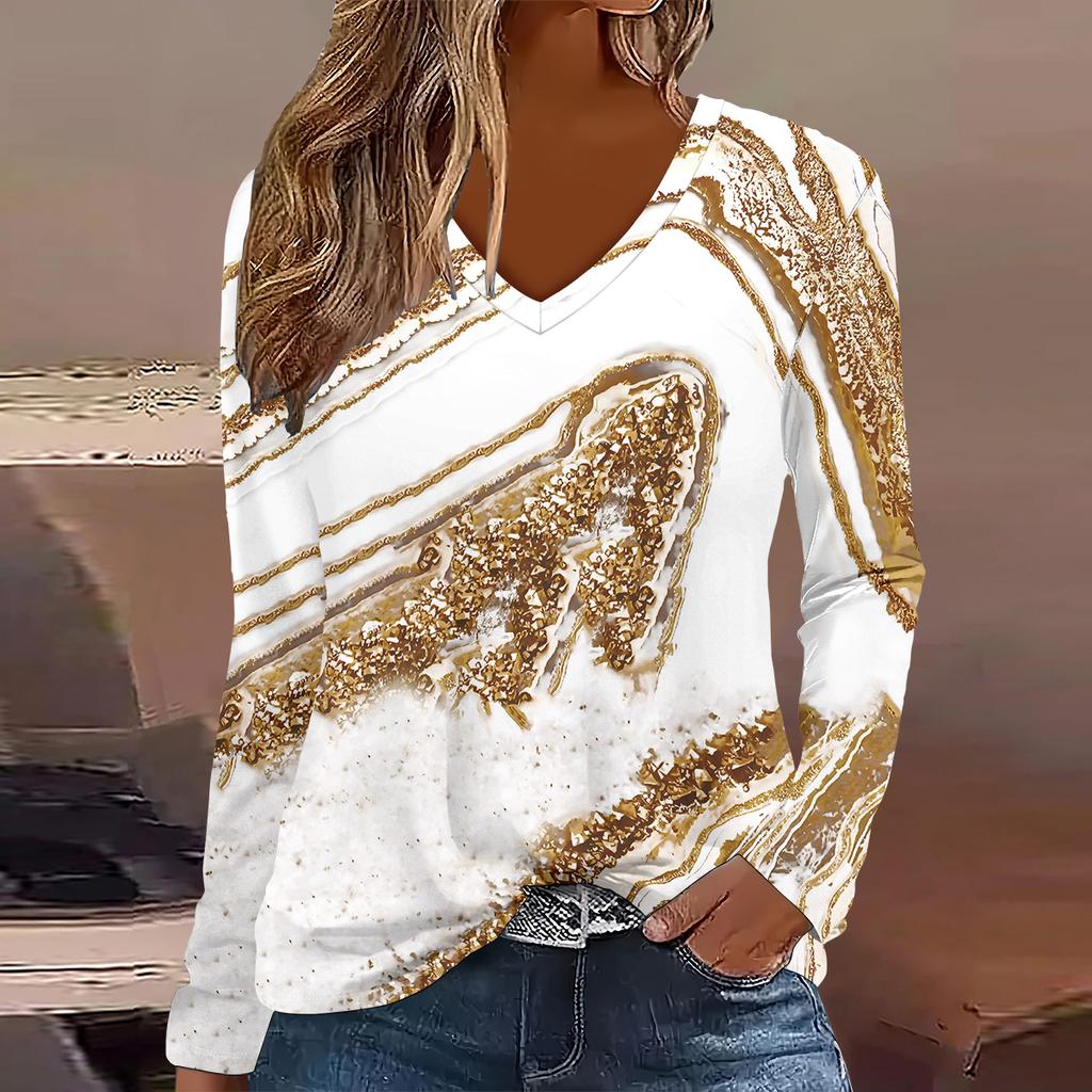 Europäische und amerikanische Mode 2025 Damen Elegantes V-Ausschnitt Langarm T-Shirt