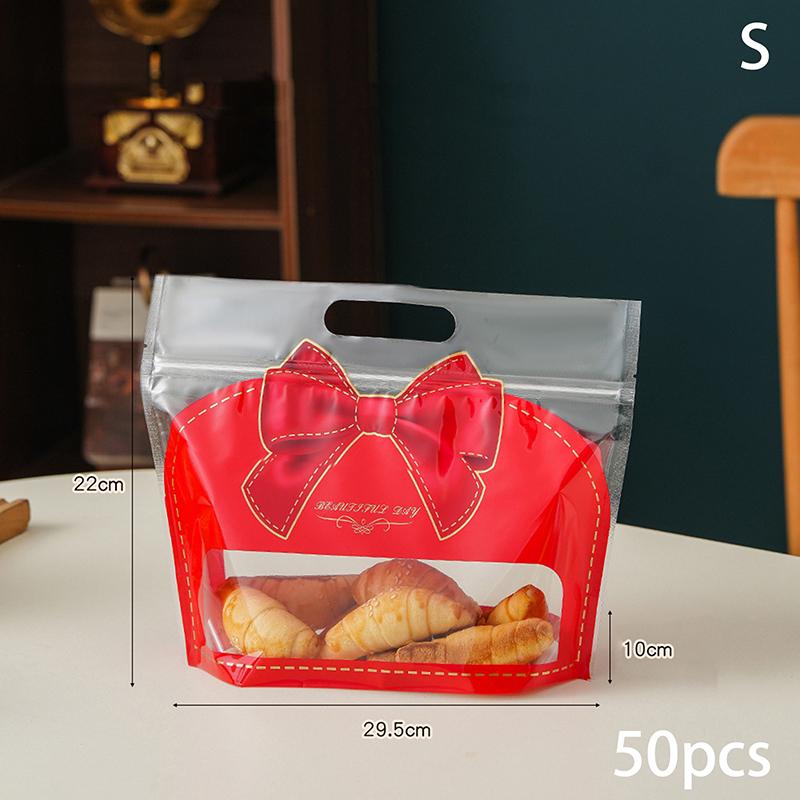 50Pcs Red Bowknot Shape Bread Bags Candy Jewelry Packaging Bag Birthday Festival Party Favor Bag Transparent Self-Lock Pouches