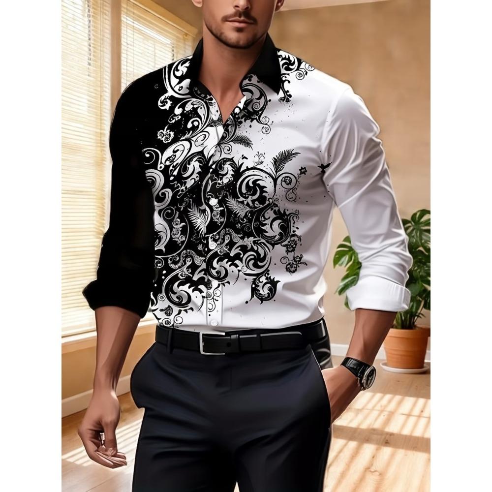 Men's Contrasting Baroque Printed Long Sleeved Shirt, Slim Fit Collar Shirt, European and American Party Trend Men's Top