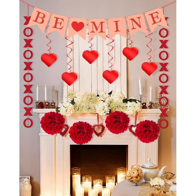 Valentines Day Decorations Kit, 13Pcs Valentines Day Decor with Hanging Heart Swirls, BE Mine XO Garlands Banner, Indoor Valentine Decorations for