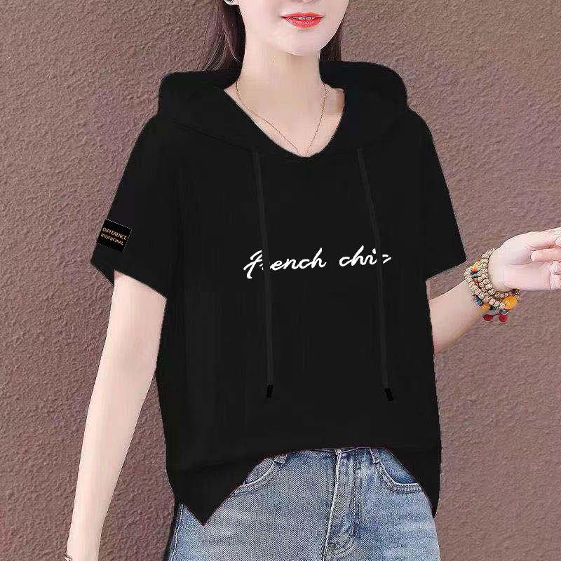 Damen 100% Baumwolle Ethno-Stil Kapuzen Kurzarm Freizeit-Top M schwarz
