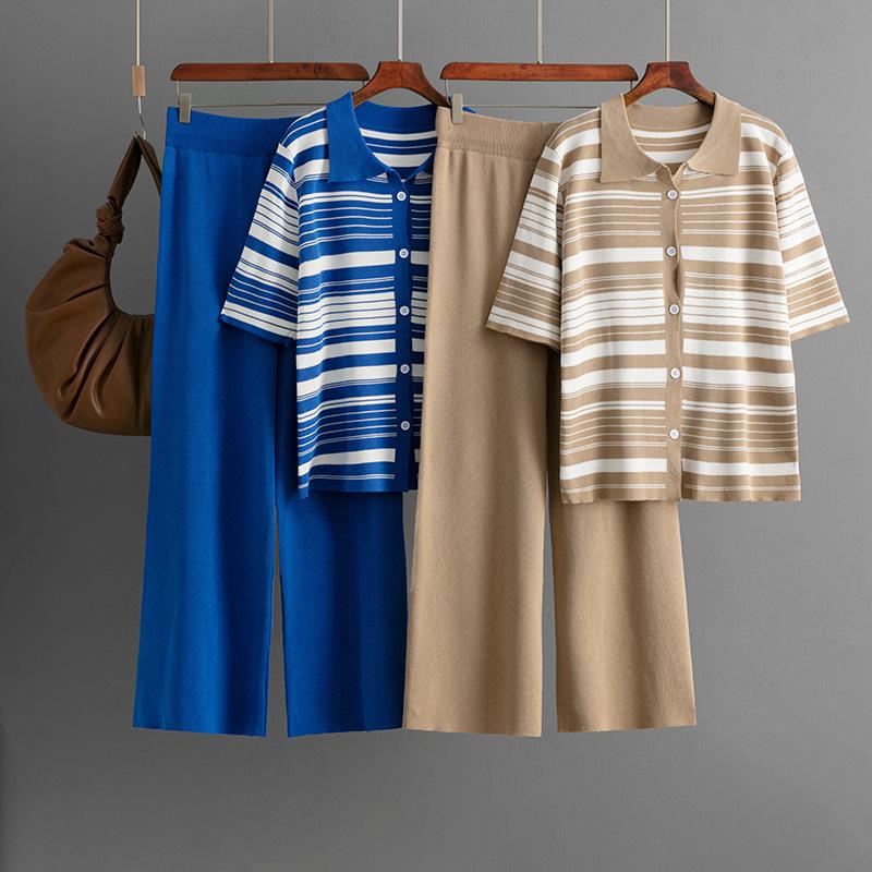 Fashion Knitted Set Women's Summer Striped Loose Short Sleeve Top Casual Pants Two Piece Set