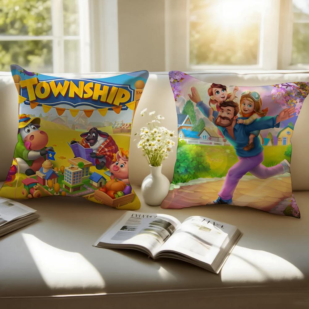 Kwaii Game Anime T-Township Cushion Cover Pillowcase Short Plush Invisible Zipper Room Sofa Cushion Cover