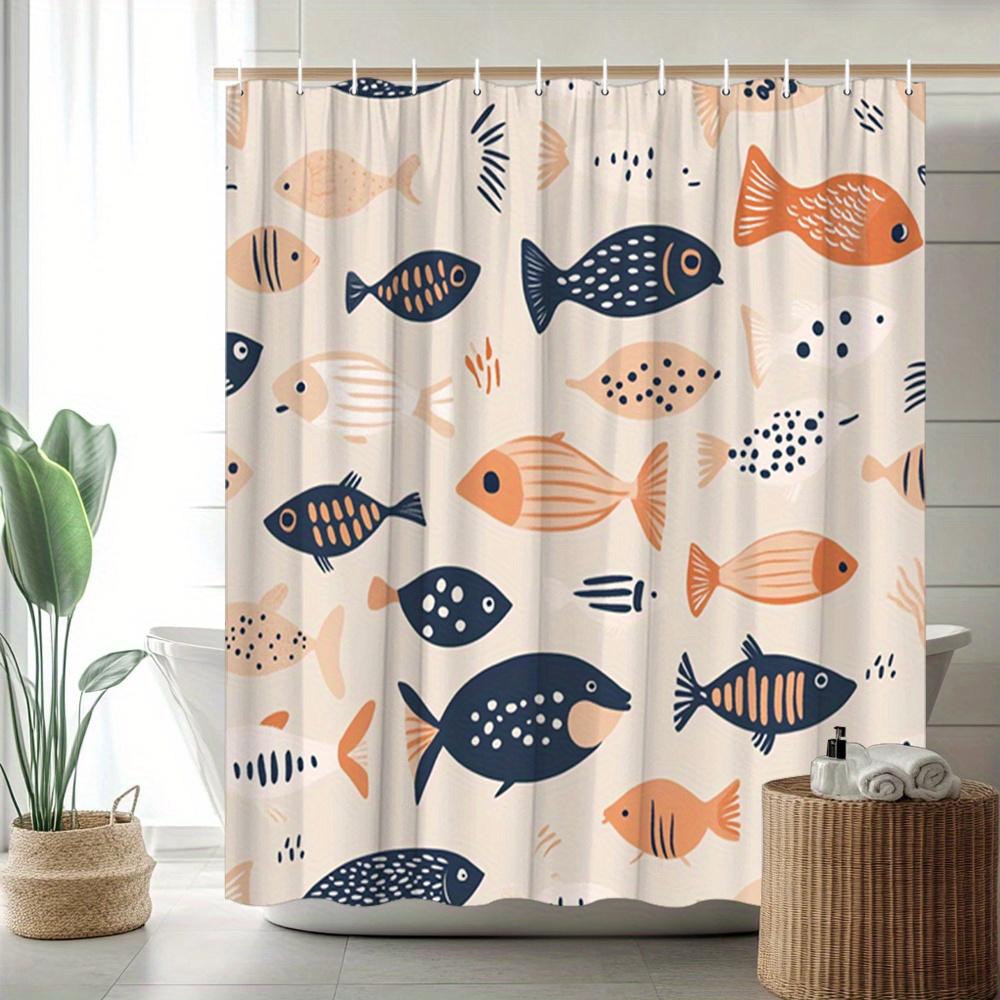 Fish Shower Curtain Cartoon Fish In Beige, Blue & Orange, Whimsical Ocean Pattern Bath Curtain For Kids And Modern Home Decor