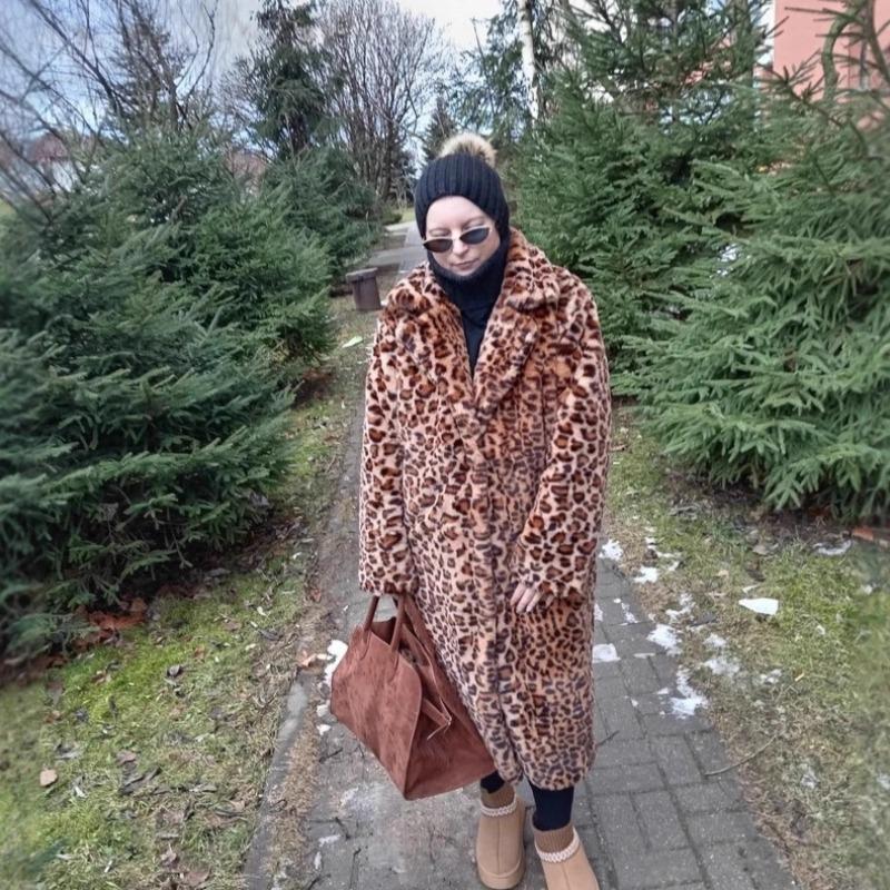 Long leopard print imitation fur jacket, women's belt loose fur coat, large size environmentally friendly fur top