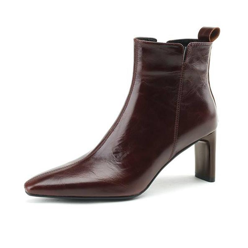 Krazing Pot Kuh Leder Winter Karree High Heels Mode Stiefel Frauen Slip auf Retro Elegante Frauen Stiefeletten 39 braun
