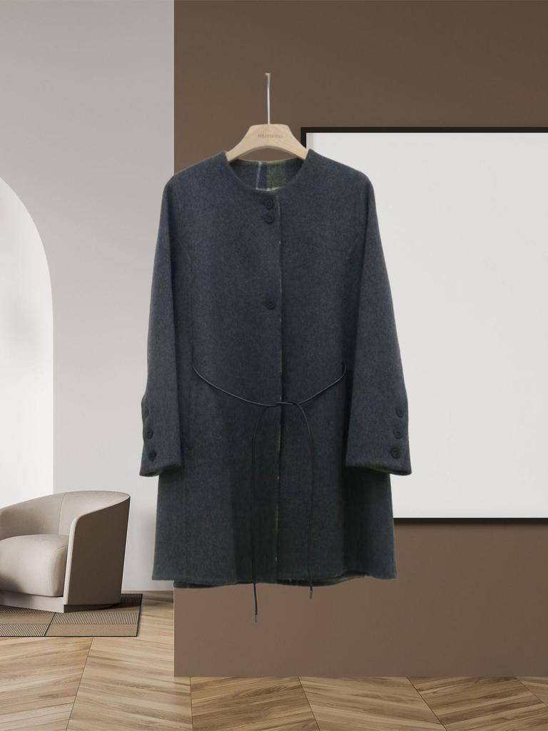 Women's Mid-Length Double-Faced Wool Coat with Detachable Plaid Collar and Tie-Waist