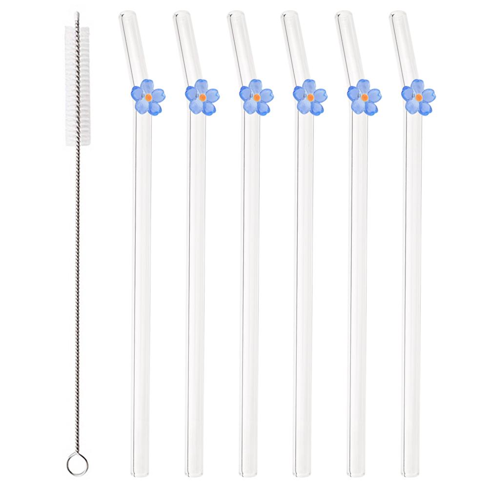 Flower Glass Straws Straight Bend Straws Eco Friendly Reusable Clear Straw for Smoothies Cocktails Drinking Bar Party Tool