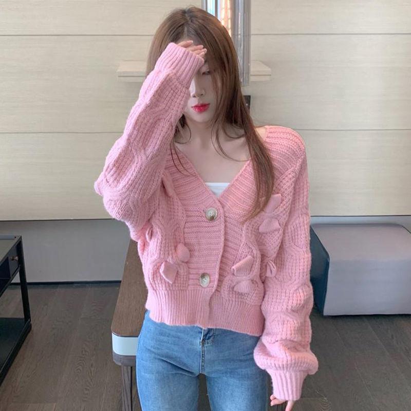 

Spring Autumn Korean Style Knitted Cardigan for Women Bowknot Short V-neck Cute Loose Sweater Sweet Coat M рожевий