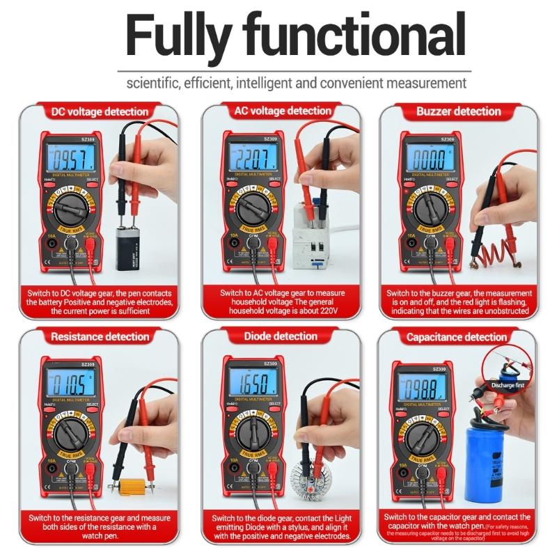 SZ309 Voltage Current Tester 1999 Counts Multimeter Multi Tester with Backlit Buzzer Ohmmeter Voltmeter
