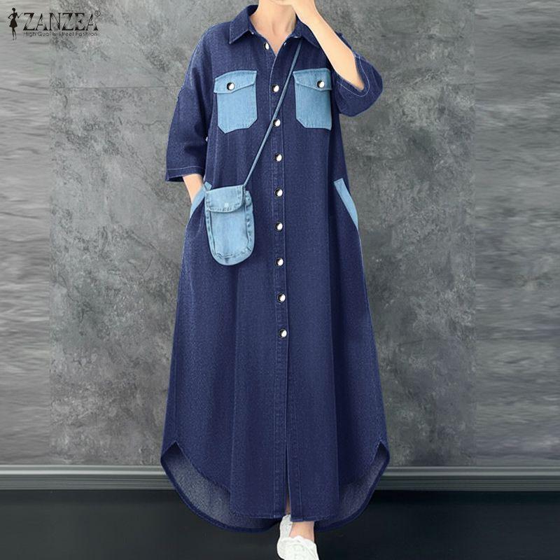 ZANZEA Women Casual Turn Down Collar Short Sleeve Patchwork Long Shirt Dress