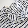 Women's Light Blue Striped V-Neck Bamboo Cotton Short-Sleeve T-Shirt - Loose Fit, Slightly Transparent