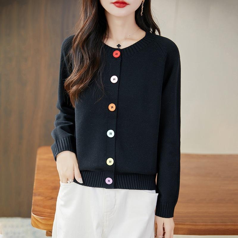 Spring and Autumn New Round-neck Knitted Cardigan Long-sleeved Women's Solid Color Buttoned Loose and Versatile Top Jacket for Women