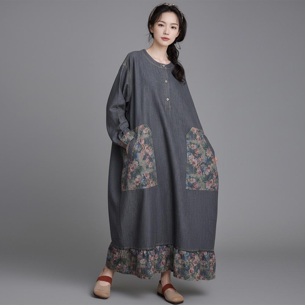 Johnature Women Vintage Dress Spring O-Neck Long Sleeve Patchwork Pockets Button Female Dresses