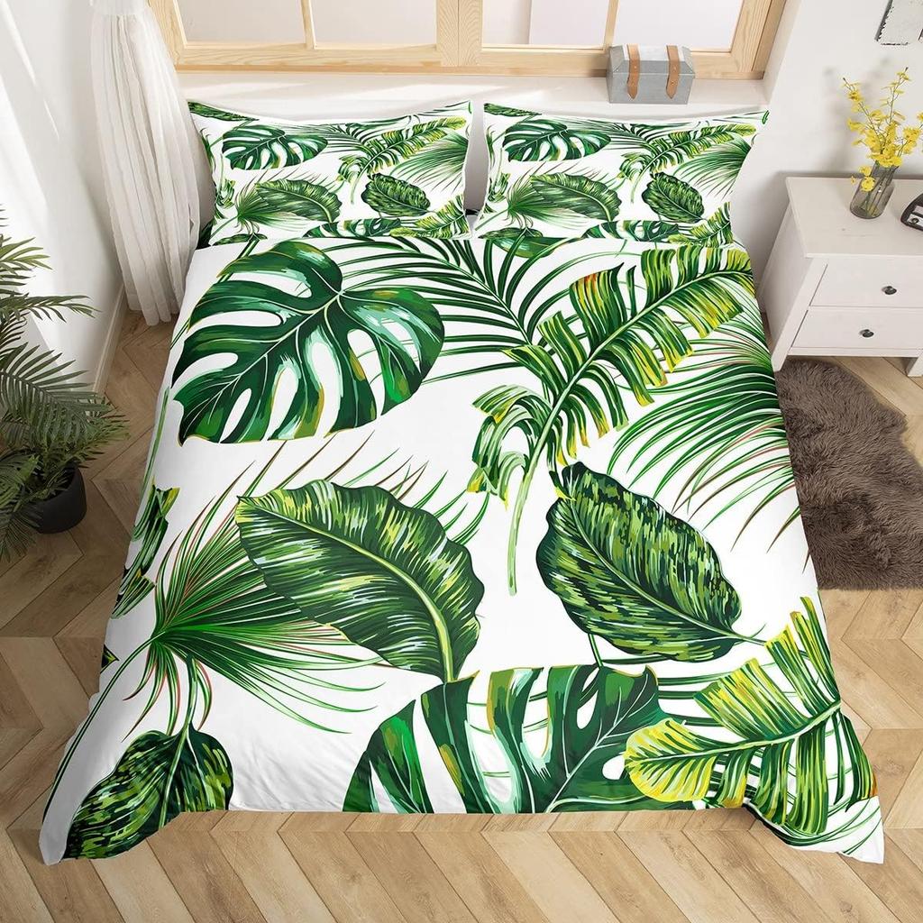 Tropical Botanical Duvet Cover Gold Palm Tree Leaf Comforter Cover King Jungle Nature Theme Watercolor Plant Leaves Bedding Set