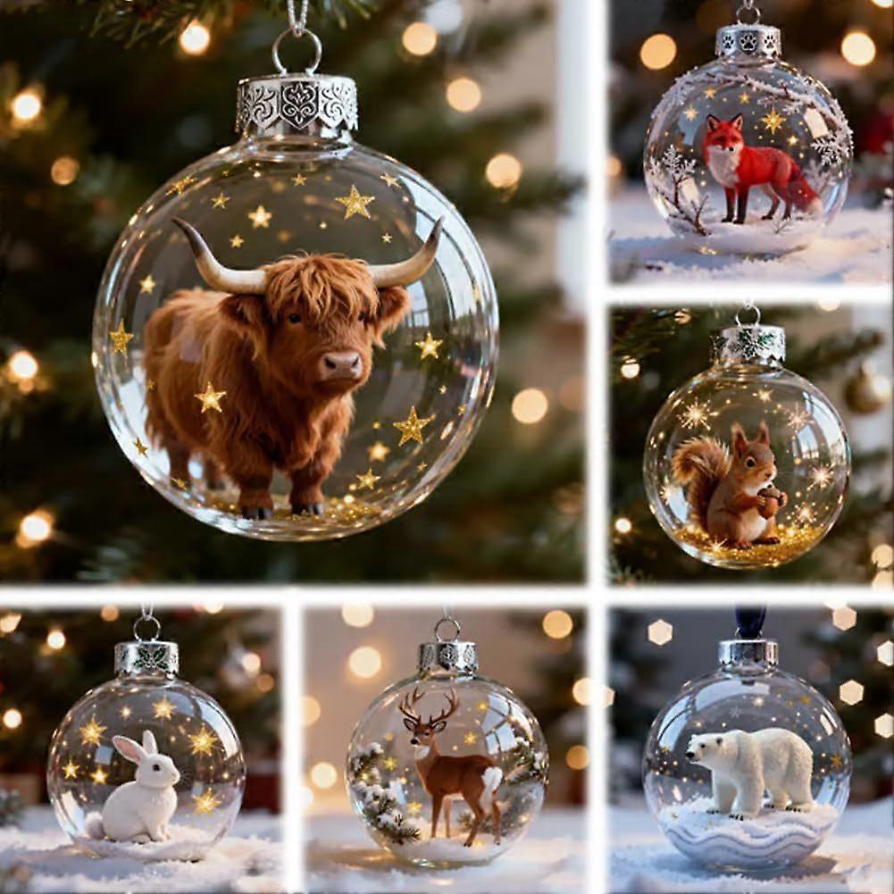 6pc Funny Highland Cow Ornament 2025, Christmas Baubles Transparent Christmas Balls, Christmas Tree Hanging Ornament, 2026 Wildlife Wonders Collection