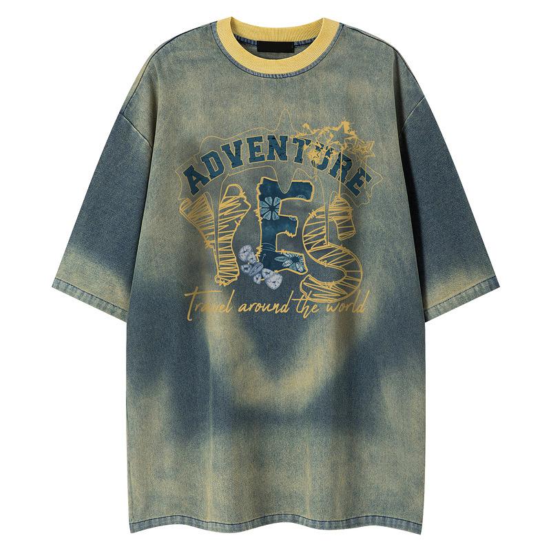Retro old letter printed denim short-sleeved T-shirt for men and women street oversize loose casual couple top