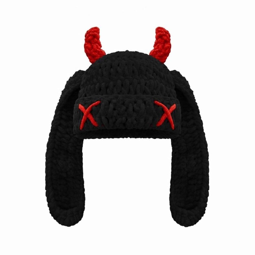 Soft Warm Little Devil Long Ears Cap Elastic Knit Warm Windproof Cap Cold Weather Wear
