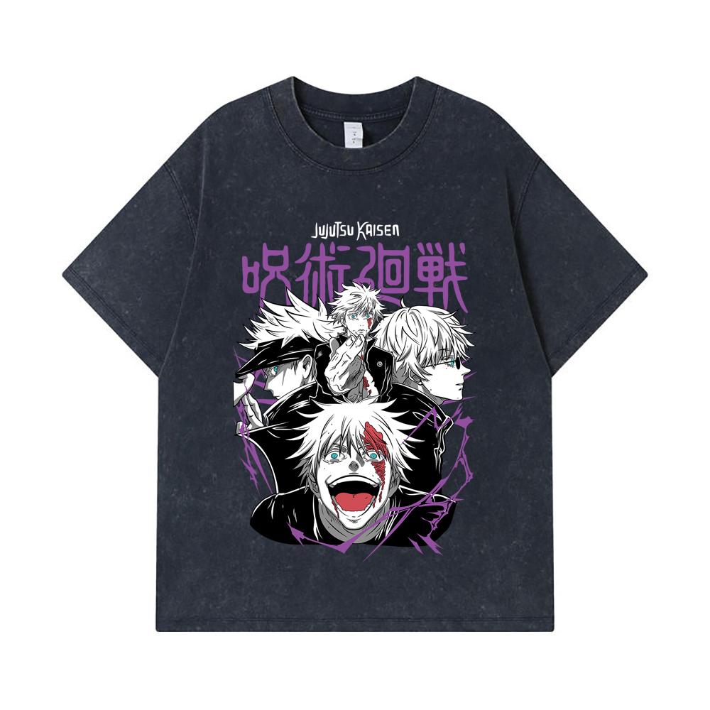 275 GSM Washed T-shirts 100% Cotton Jujutsu Kaisen V3 Gojo Print Unisex Heavy Cotton T Shirt
