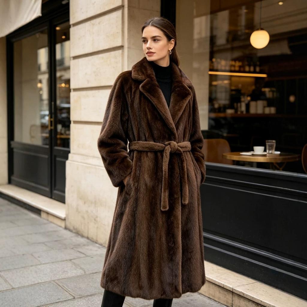 Chaqueta de Piel para Mujer Traje de Invierno Cuello Abrigo Largo Engrosado Cinturón Cintura Piel Ecológica Talla Grande