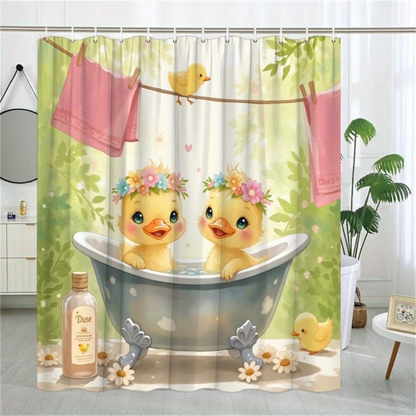 

Ducklings Shower Curtain - Floral Crowns, Silver Bathtub, Water Daisies, Polyester, 12 Hooks, 70.8x70.8 Inches, Charming Decor W90XH180cm