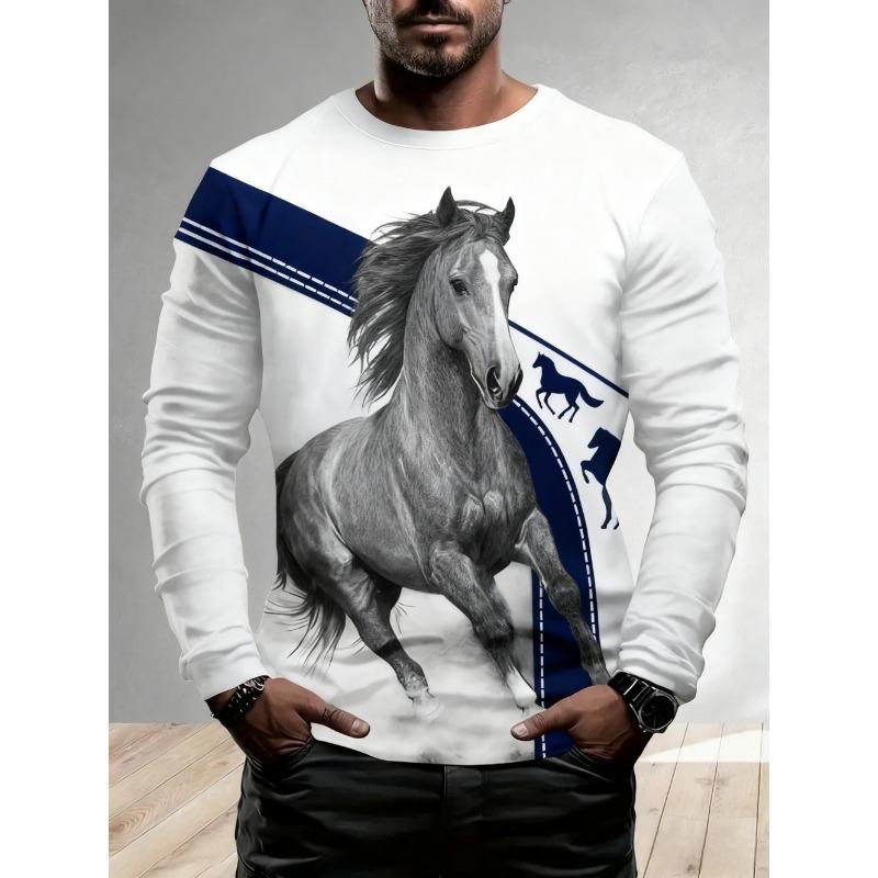 Men's T-Shirt Running Horse Graphic 3D Print Fashion Long Sleeve Crew Neck Tee Shirt Casual Summer Personality Men's Top