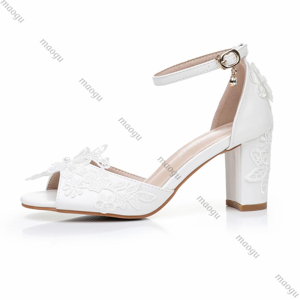 Schuhe Damen 7CM Weiß Spitze Perlenband Quadratischer Absatz Hohe Absätze Damen Sandalen mit Offener Zehenpartie Bankettkleid Damen Brautschuhe