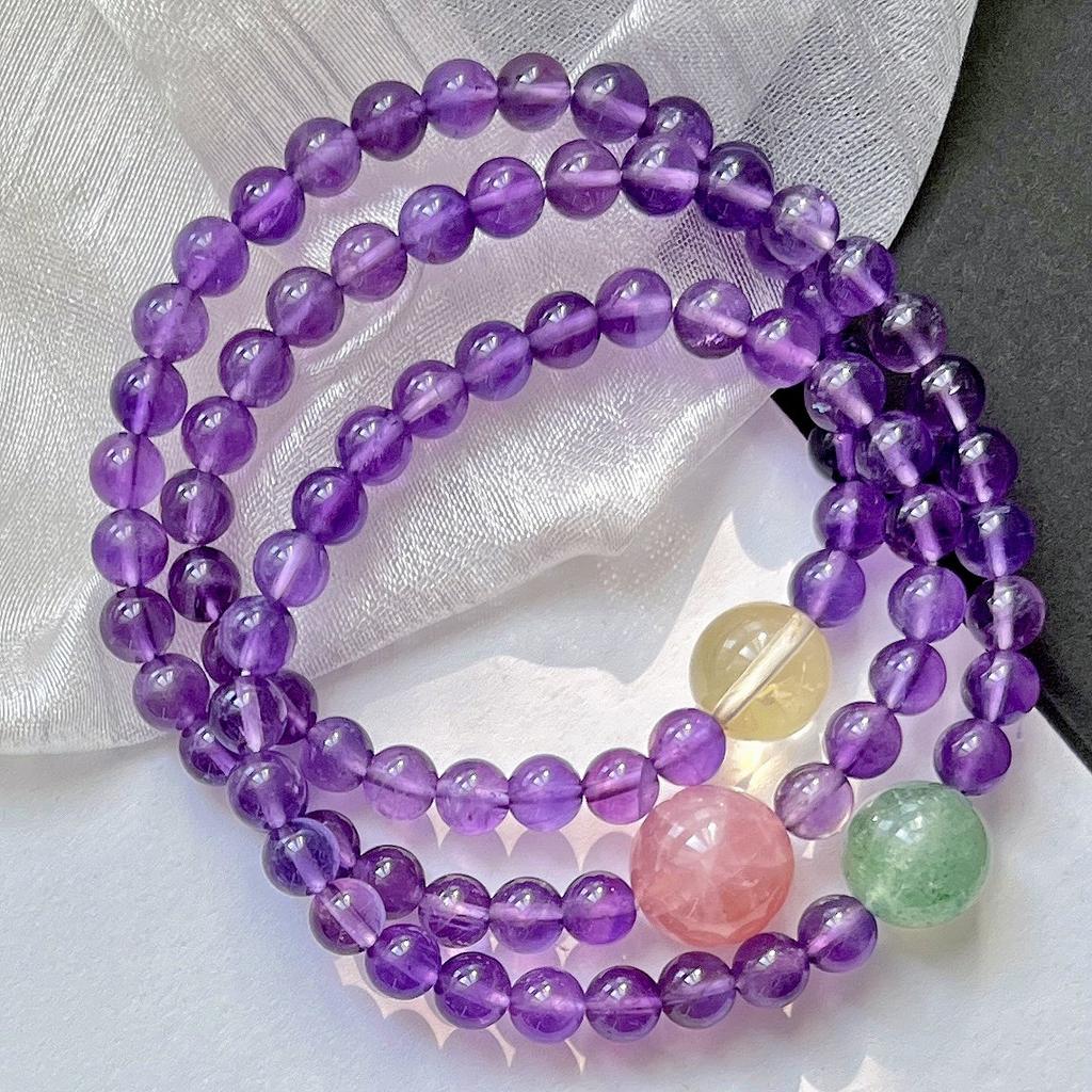 High Quality 6Mm Natural Amethyst Lemon Yellow Purple Horse Powder Strawberry Crystal Design Multi-Circle Bracelet