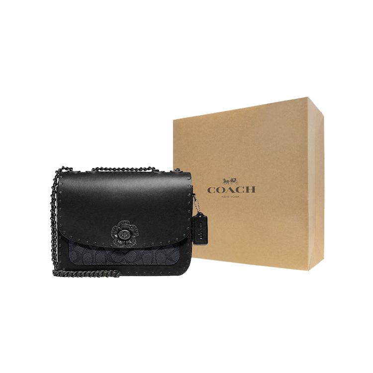 Coach Madison 23 Camellia Metal Buckle Studded Flap Chain Snake Print Detail Leather Small Crossbody Shoulder Bag Medium Women bags Black 4679-MWQV8
