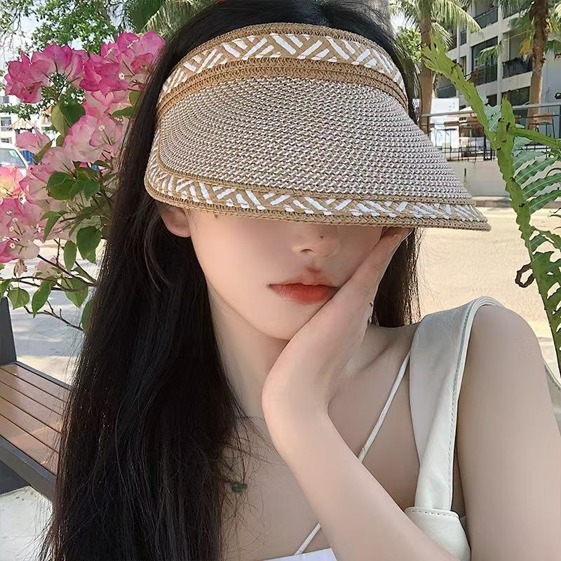 Empty Straw Hat Women's Summer Seaside Headband Type Roofless Sun Hat UV Protection Sunshade Sunscreen Hat Shows Small Face