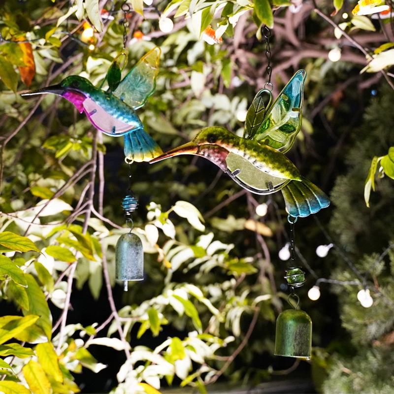 Glazed Iron Glass Hummingbird Wind Chimes Green Blue Colors Stained Glass Ornament For Window Outdoor Garden Hanging Decoration