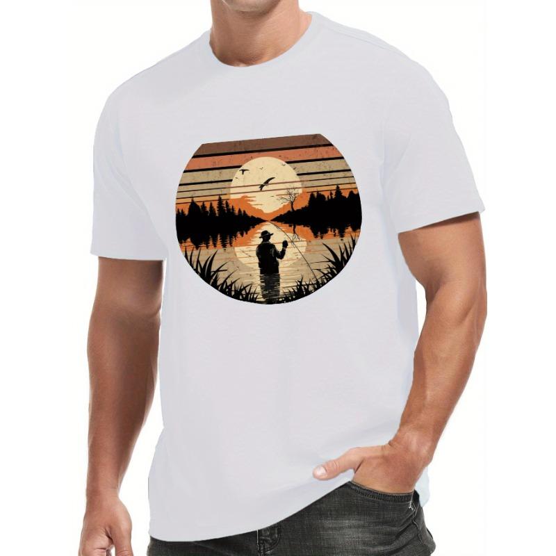 European Sizes Fishing By The Lake Men's Short Sleeve T-Shirts Summer Sports Casual Tops