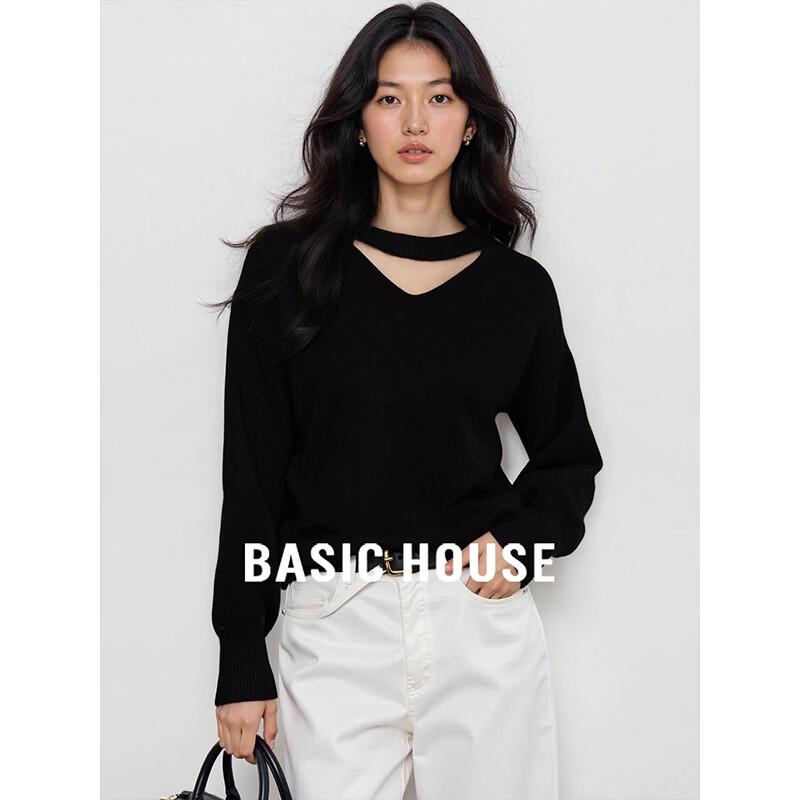 Basic House Women s French Halter V-Neck Long Sleeve Knit Top S