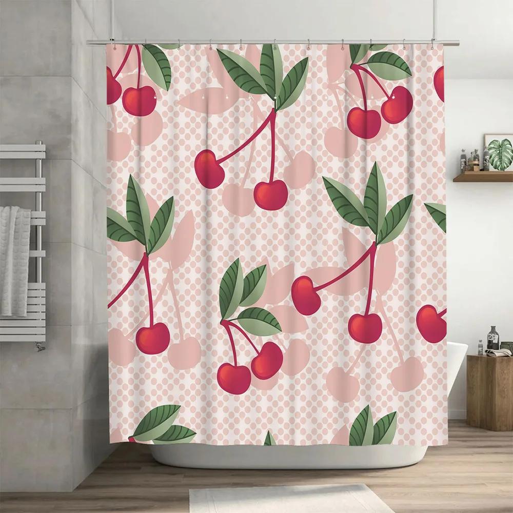Pink Cherry Shower Curtain 3D Printed Bathroom Decor Water Repellent Fabric Perfect for Home Bathrooms