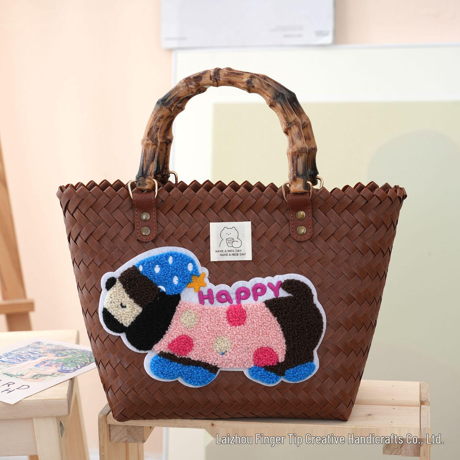 Винтажная женская бамбуковая плетеная вручную сумочка с таксой