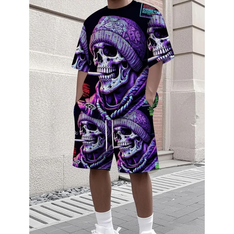 Fashion Men's Casual Suit T-shirt Shorts Two-piece Set Summer Simple 3D Printing