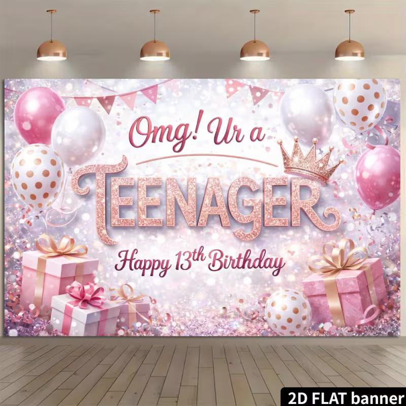 2D 13th Birthday Photography Backdrop Rose Gold Glitter & Crown Photo Booth Banner