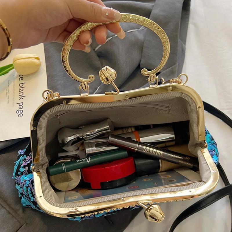 Genți de lux cu paiete din cochilie de cristal, genți cu flori bling, genți albastre, genți de umăr cu clutch de seară cu lanț de aur