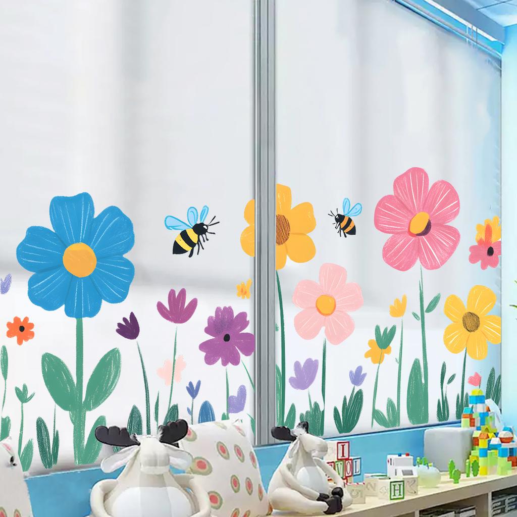 Cartoon Colorful Bee Flower Window Sticker Kids Room Kindergarten Glass Decoration Self-Adhesive Wall Art
