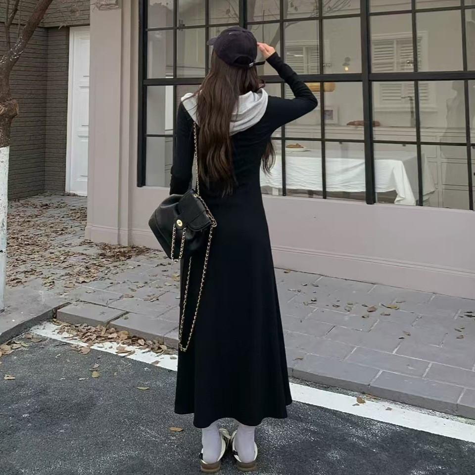 

French long-sleeved dress women s autumn new waist and thin A-shaped long dress Hepburn style temperament skirt S чёрный